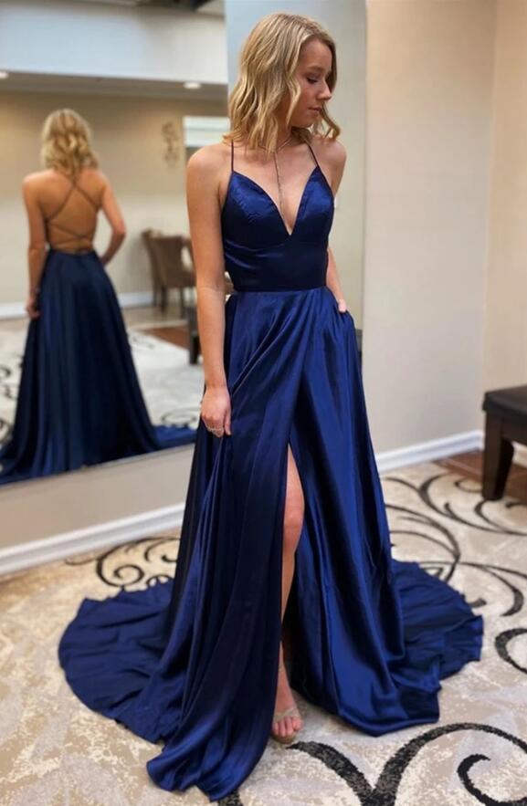 Navy Prom Dress with Slit, Special Occasion Dress, Evening Dress, Dance Dresses, Graduation School Party Gown