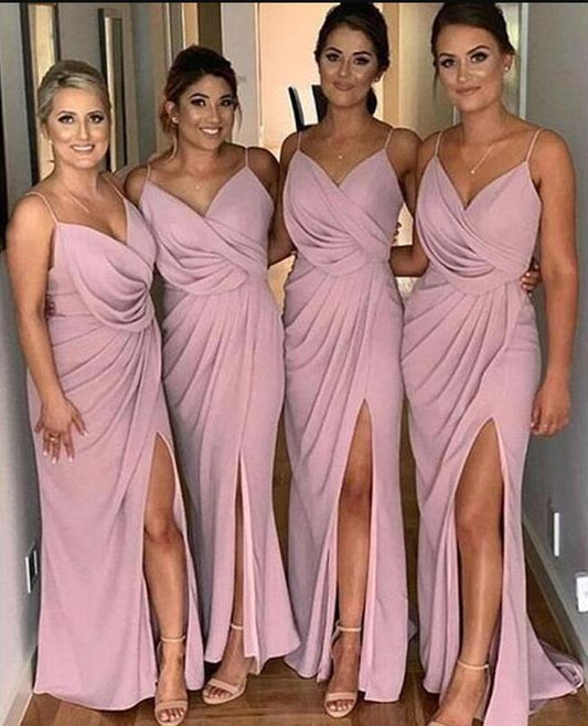 Side Slit Spaghetti Straps Dusty Pink Cheap Bridesmaid Dresses Online