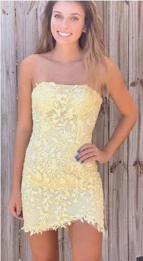 Yellow Lace Homecoming Dresses ,hoco dress, Short Prom Dress, Formal Outfit, Back to School Party Gown
