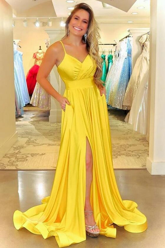 Yellow Prom Dress with Slit, Formal Dress, Evening Dresses, Graduation School Party Gown