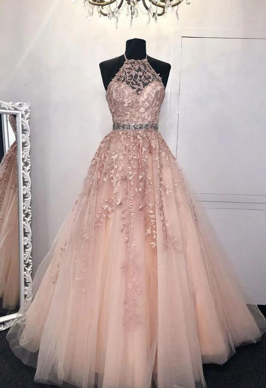 Lace Prom Dress Halter Neckline, Formal Dress, Evening Dresses, Graduation School Party Gown