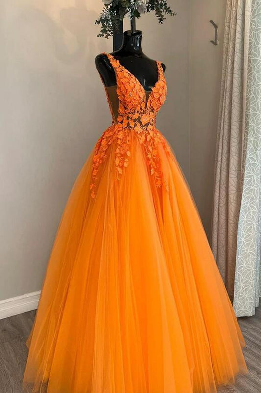 Orange Color Prom Dress In Tulle and Lace , Long Homecoming Dress, Formal Dress, Dance Dresses, Graduation School Party Gown