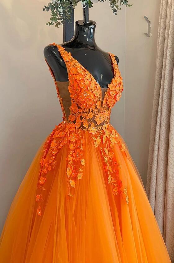 Orange Color Prom Dress In Tulle and Lace , Formal Dress, Graduation S