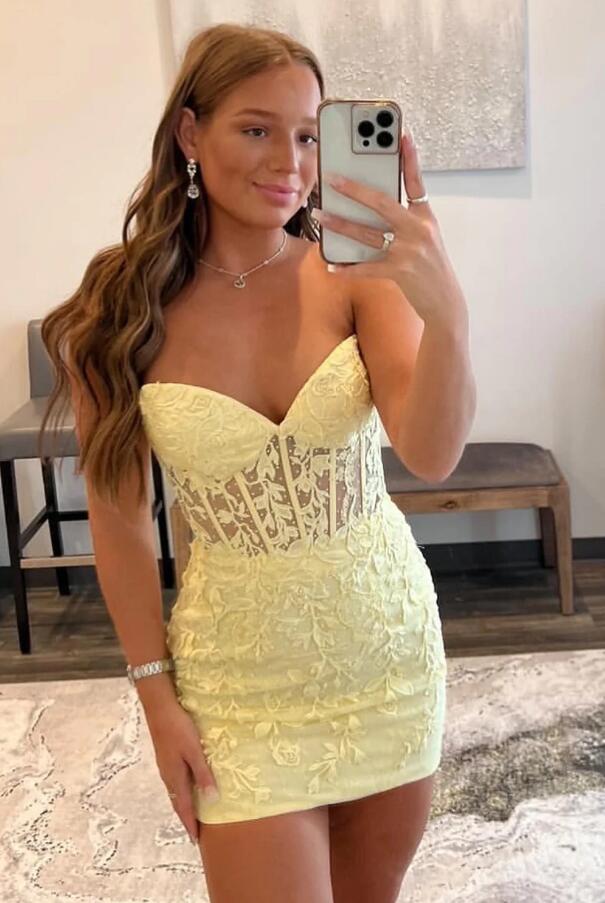Yellow Lace Homecoming Dress , HOCO Dress, Short Prom Dress ,Back To School Party Dress, Evening Dress, Formal Dress