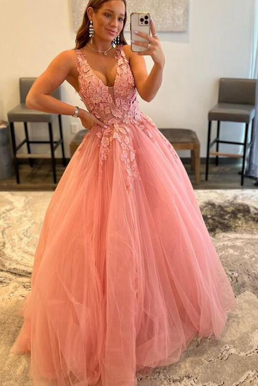 V-neck Tulle Long Prom Dress with Appliques and Beading