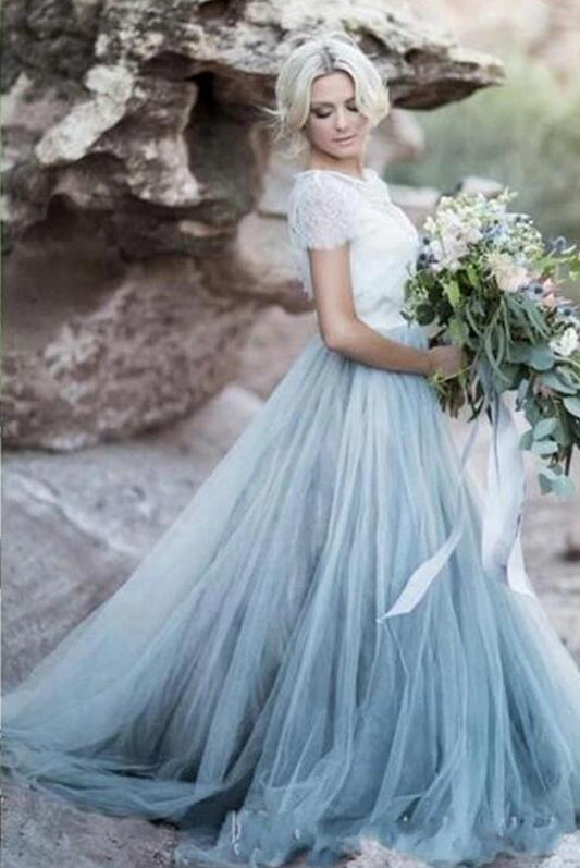 Colored Wedding Dress Short Sleeves Beach Wedding Dress For Brides Bridal Gown