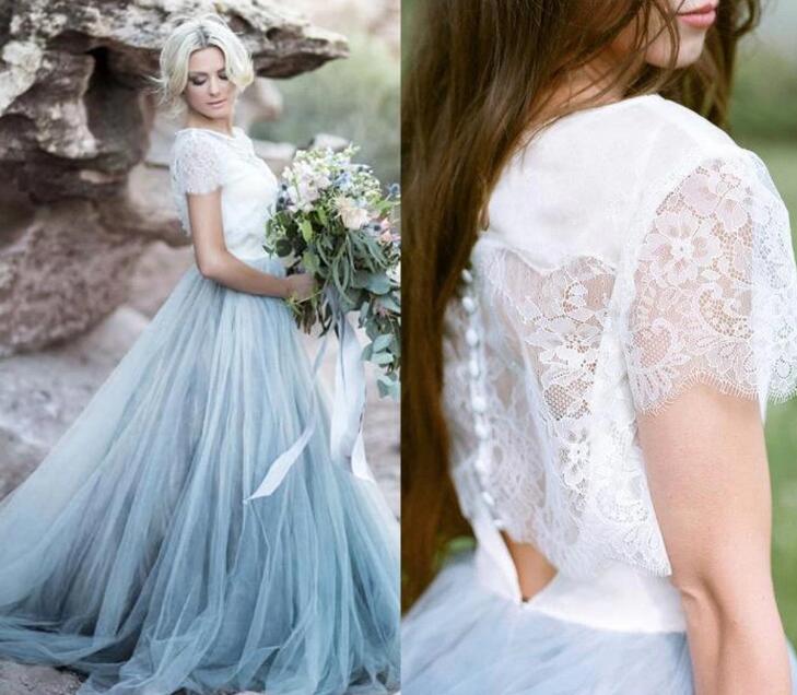 Colored Wedding Dress Short Sleeves Beach Wedding Dress For Brides Bridal Gown