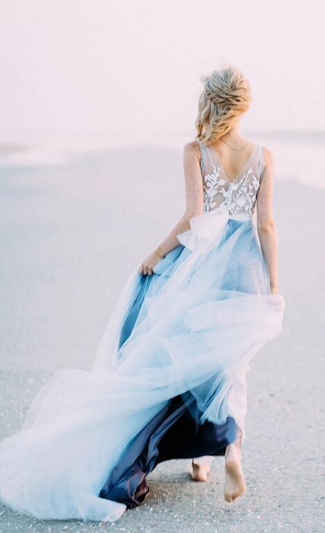 Tulle Beach Wedding Dress For Brides with Lace Top