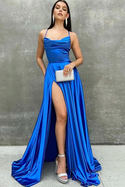 Straps Simple Satin Long Prom Dresses with Slit