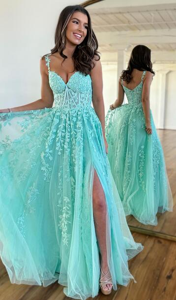 Straps Leaf Lace Long Prom Dress with Pearls and Sheer Corset Bodice