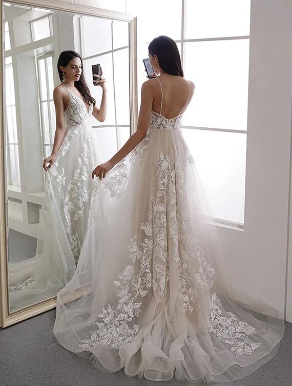 V-neck Open Back A-line Wedding Dresses, Bridal Dresses DT1349