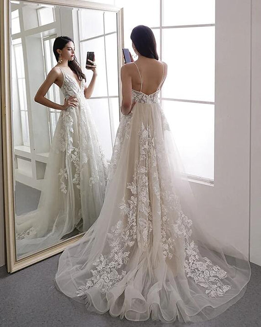V-neck Open Back A-line Wedding Dresses, Bridal Dresses