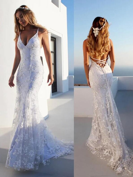 Mermaid Spaghetti Straps Sleeveless Lace Court Train Wedding Dresses DT1399