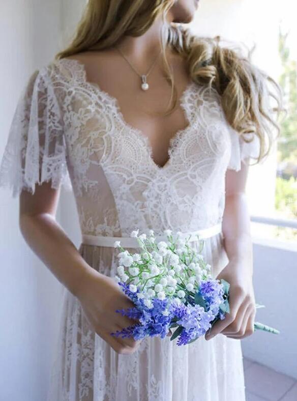 V-neck Short Sleeves Sweep/Brush Train Lace Wedding Dresses DT1410