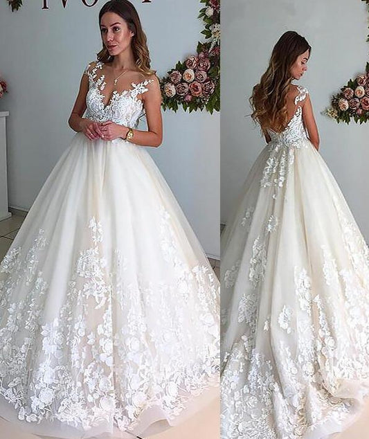 Princess V-neck Court Train Tulle Sleeveless Wedding Dresses DT1411