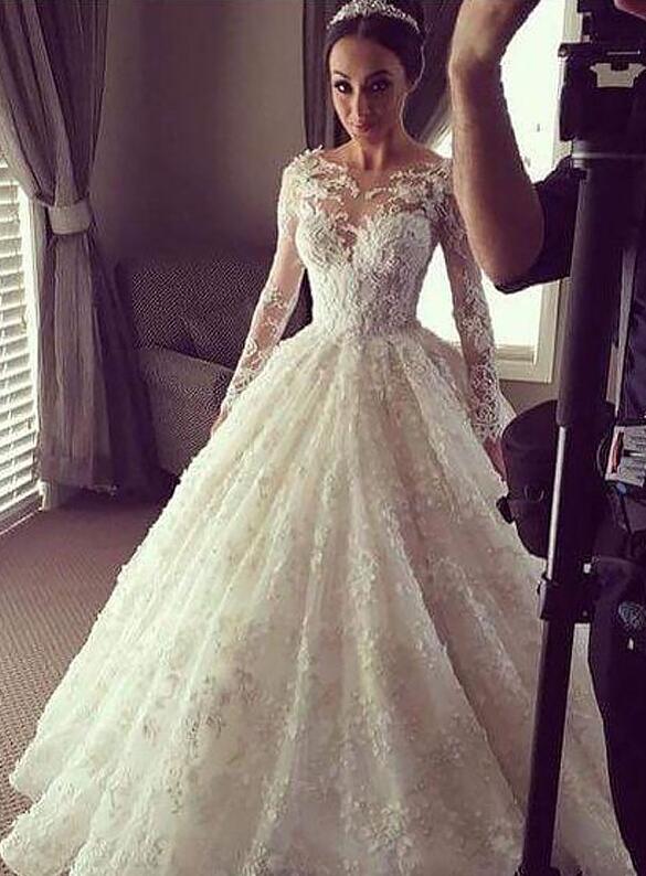 Ball Gown Long Sleeves Scoop Court Train Wedding Dresses DT1415