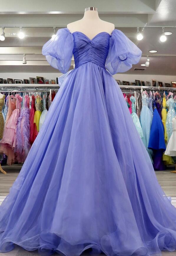 Off-Shoulder Puff Sleeves Pleated Long Prom Dress