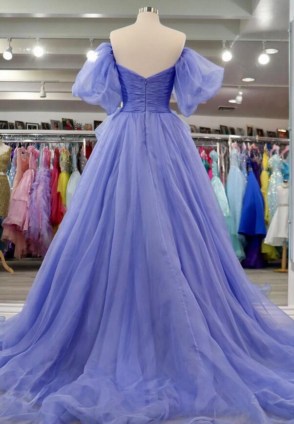 Off-Shoulder Puff Sleeves Pleated Long Prom Dress