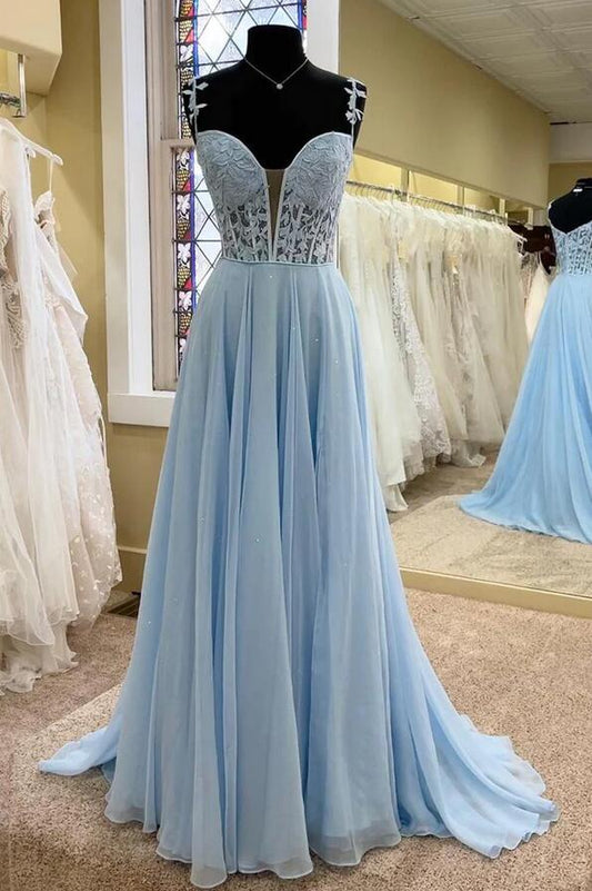 A-line Chiffon Long Prom Dress with Sheer Leaf Lace Bodice