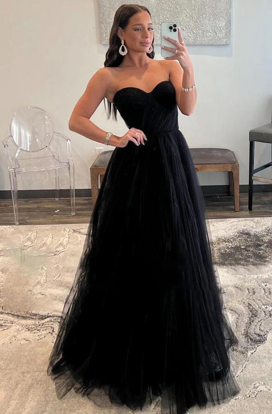 Black Sweetheart Tulle Long Prom Dresses