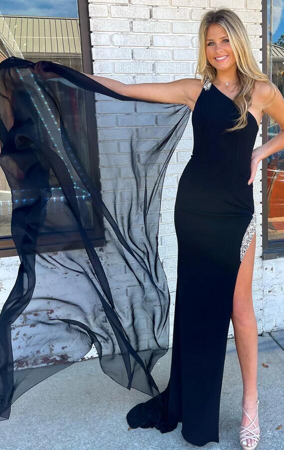 One Shoulder Chiffon Black Long Prom Dress with Slit