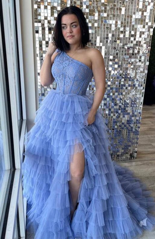 One Shoulder Tulle Long Prom Dress with Lace Bodice and Slit