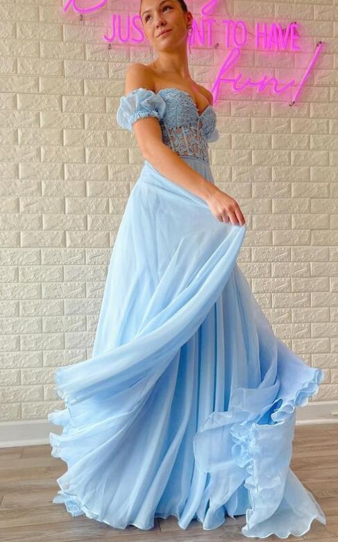 Chiffon Prom Dresses Long with Leaf Lace Corset Bodice and Removable Sleeves