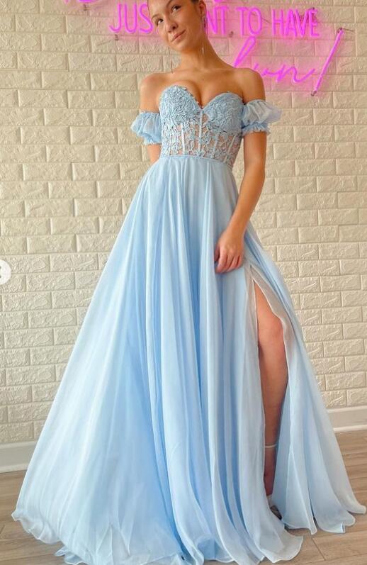 Chiffon Prom Dresses Long with Leaf Lace Corset Bodice and Removable Sleeves