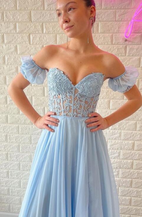 Chiffon Prom Dresses Long with Leaf Lace Corset Bodice and Removable Sleeves