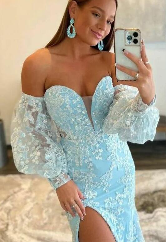 Strapless Mermaid Lace Prom Dresses Long with Removable Sleeves