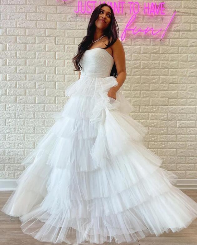 Strapless White Prom Dresses Long with Ruffle Skirt