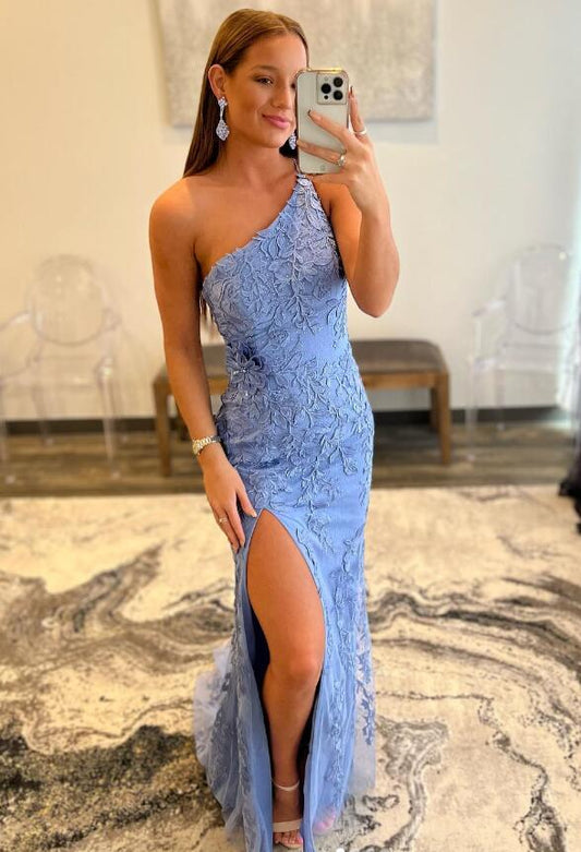 One Shoulder Sexy Leaf Lace Prom Dresses Long with Slit