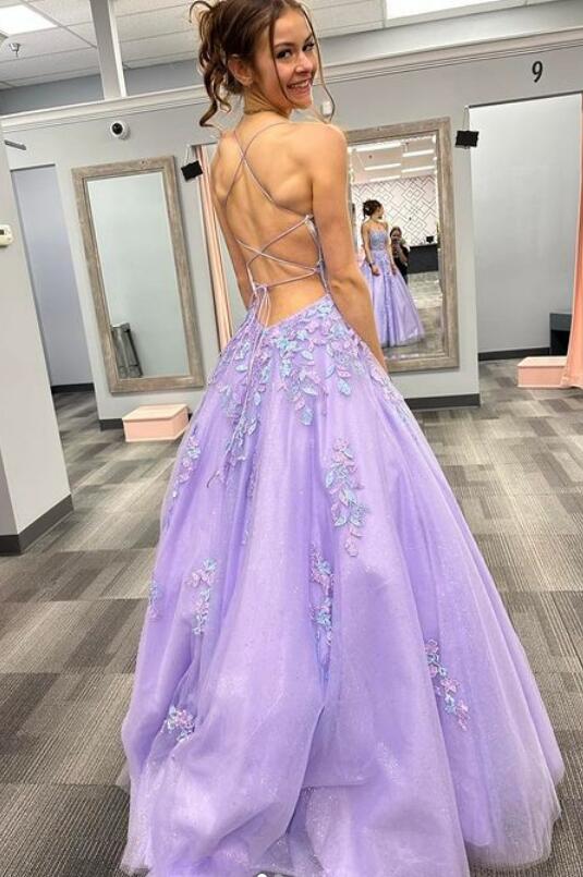 Straps Prom Dresses Long with Lace-up Back