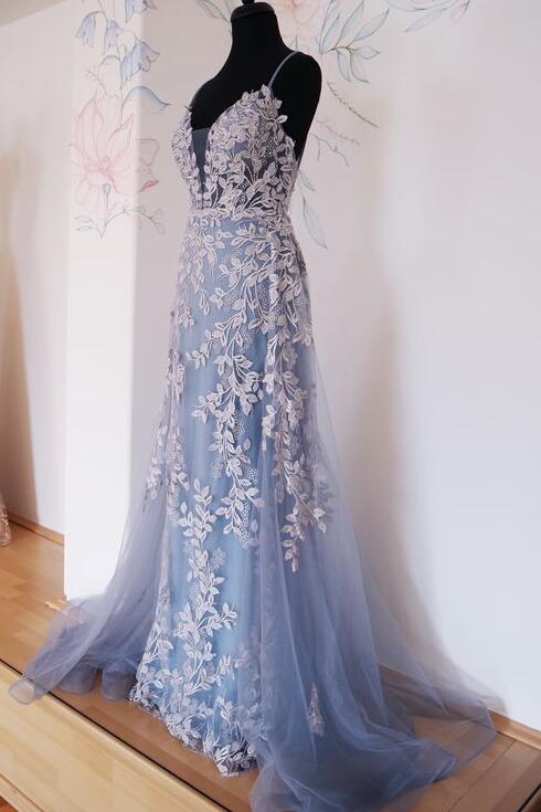 Straps Tulle/Lace Long Prom Dresses