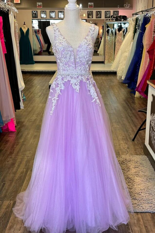 Lilac Sleeveless Plunging V Neck Tulle Long Prom Dress