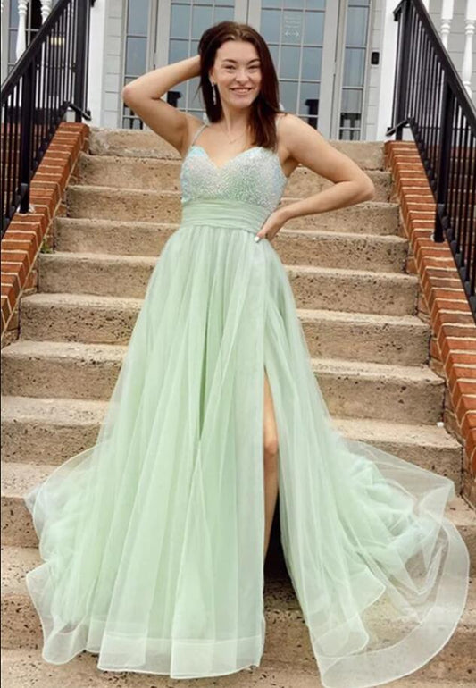 Dusty Sage A-line Beaded Tulle Long Prom Dress with Slit DT1566