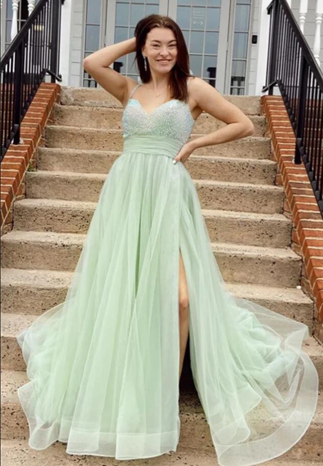 Dusty Sage A-line Beaded Tulle Long Prom Dress with Slit