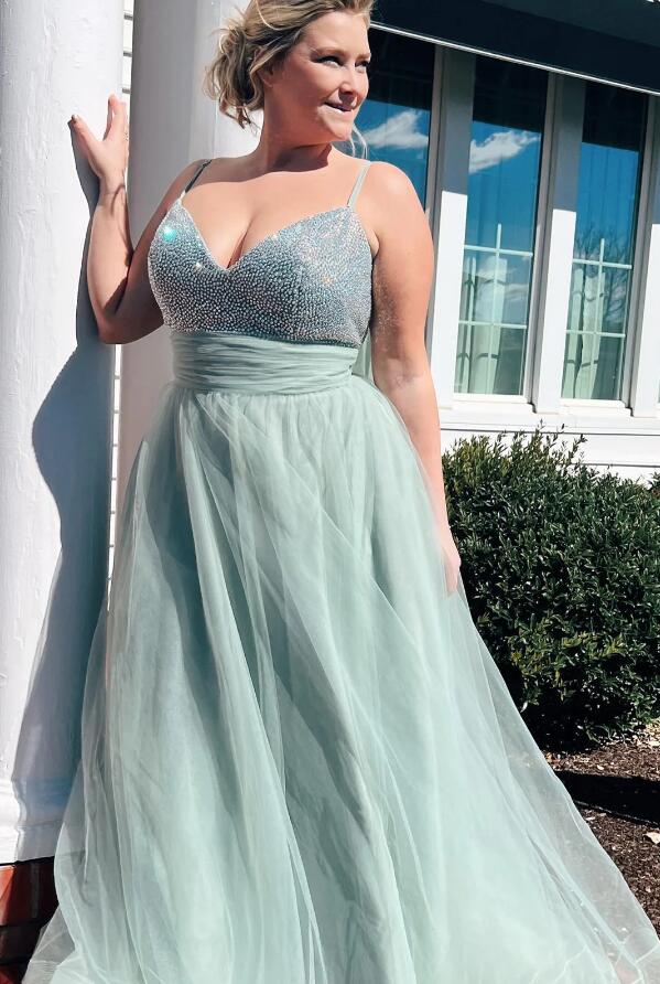 Dusty Sage A-line Beaded Tulle Long Prom Dress with Slit DT1566