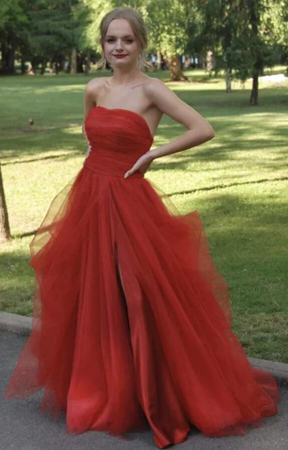 Strapless Red Tulle Long Prom Dresses with High Slit