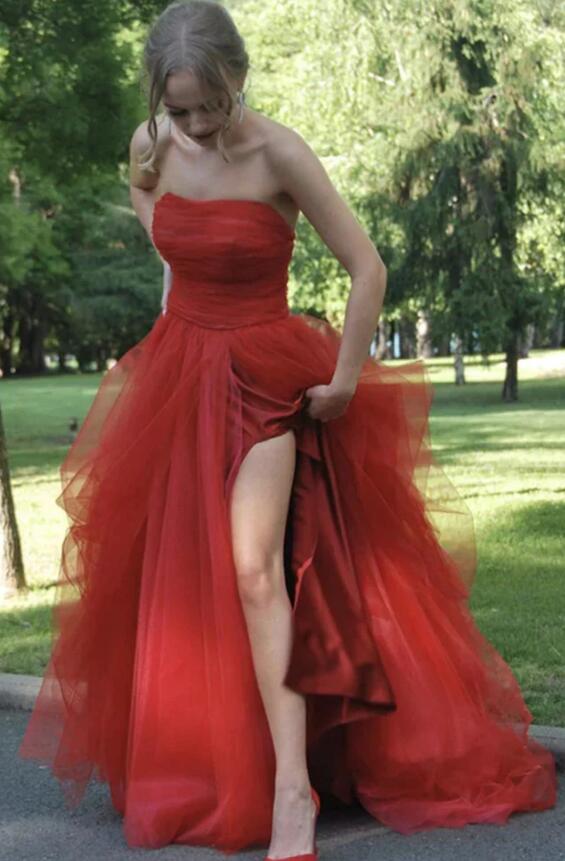 Strapless Red Tulle Long Prom Dresses with High Slit