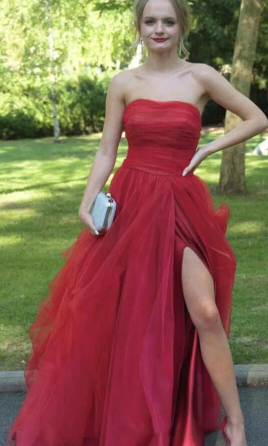 Strapless Red Tulle Long Prom Dresses with High Slit