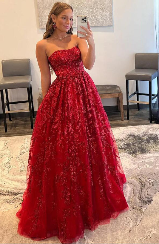 Strapless Sparkly Lace Long Prom Dresses