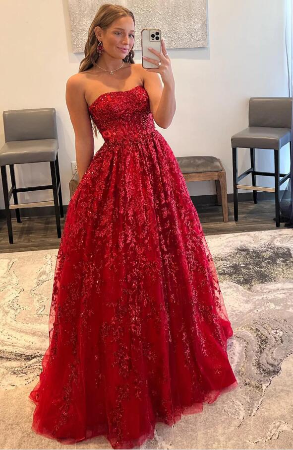 Strapless Sparkly Lace Long Prom Dresses