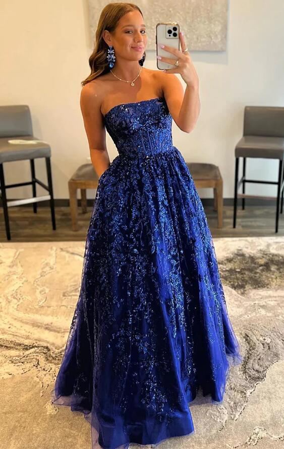 Strapless Sparkly Lace Long Prom Dresses