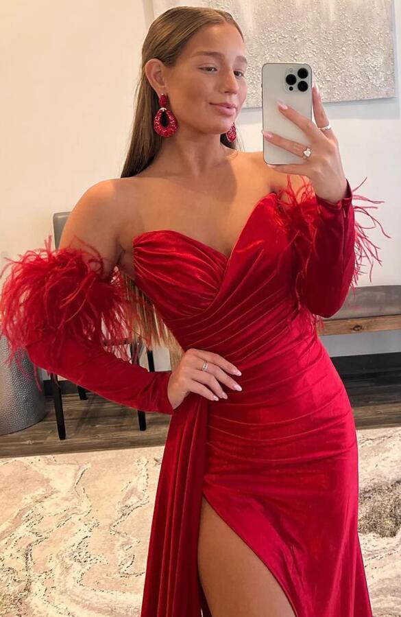 Red Detachable Long Sleeves Long Prom Dress with Feathers