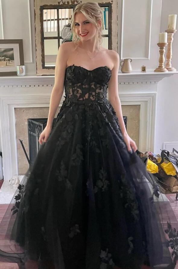 Black Strapless Long Tulle/Lace Prom Dress