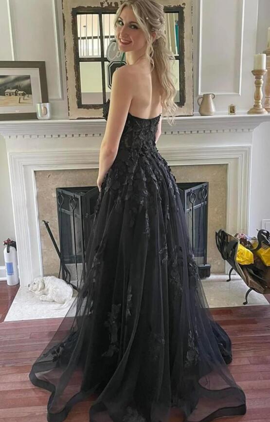Black Strapless Long Tulle/Lace Prom Dress