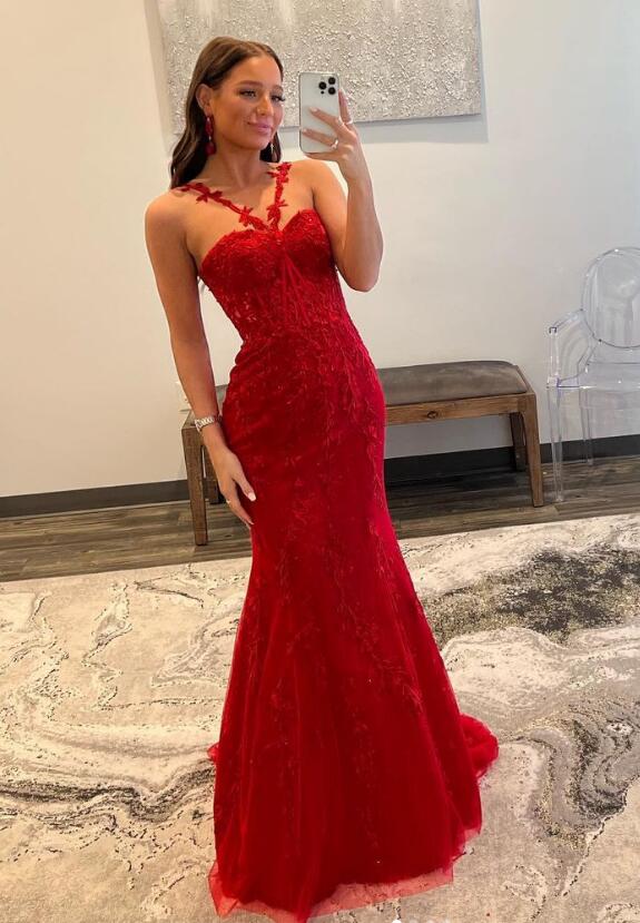 Red Leaf Lace Fitted Long Prom Dresses