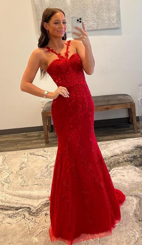 Red Leaf Lace Fitted Long Prom Dresses