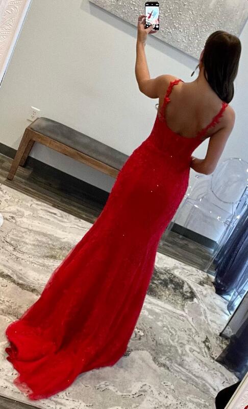 Red Leaf Lace Fitted Long Prom Dresses